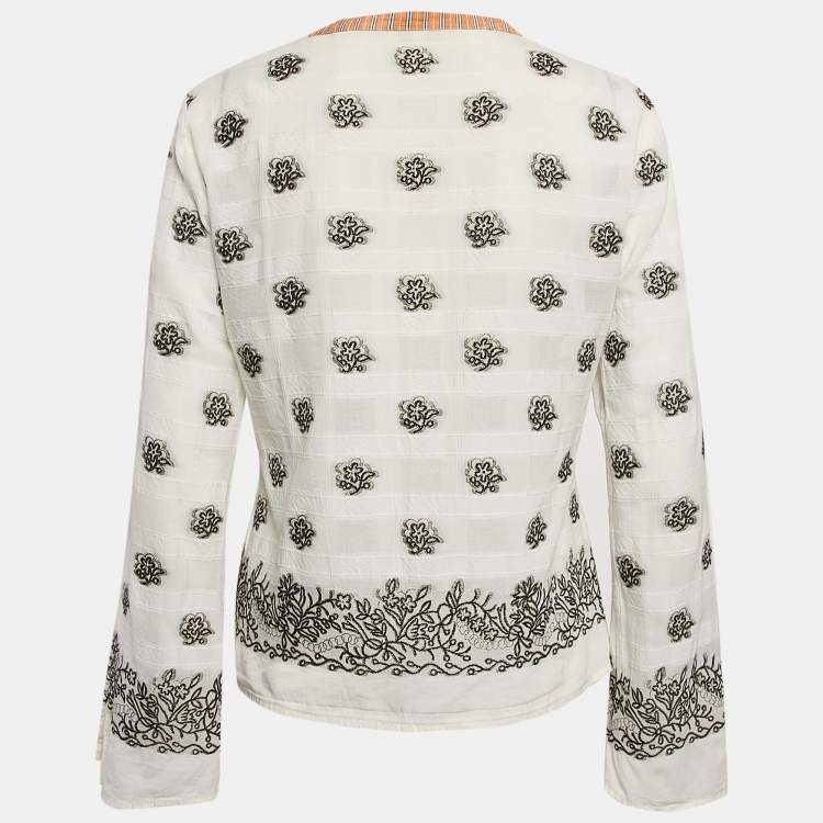 Pre Owned Etro White Textured Brocade V-Neck Top M