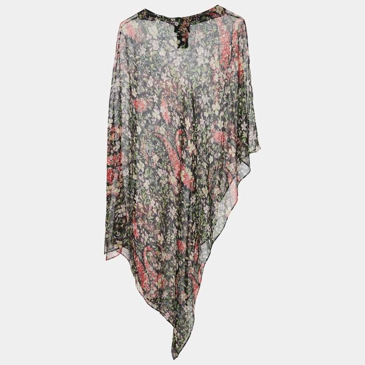 Pre Owned Etro Black Floral Print Sheer Silk Asymmetric Tunic Top ONE SIZE