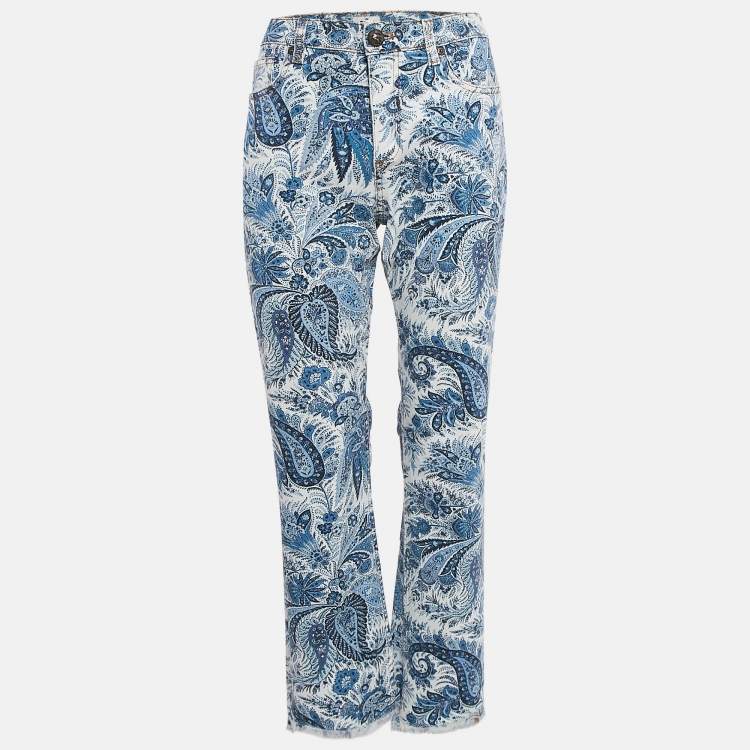 Pre Owned Etro Blue Paisley Print Denim Raw Edge Jeans M Waist 27" 