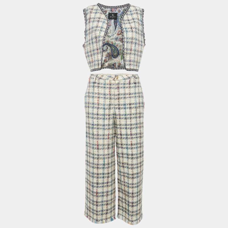 Pre Owned Etro Beige Checks Tweed Open Front Vest and Trousers Set M 