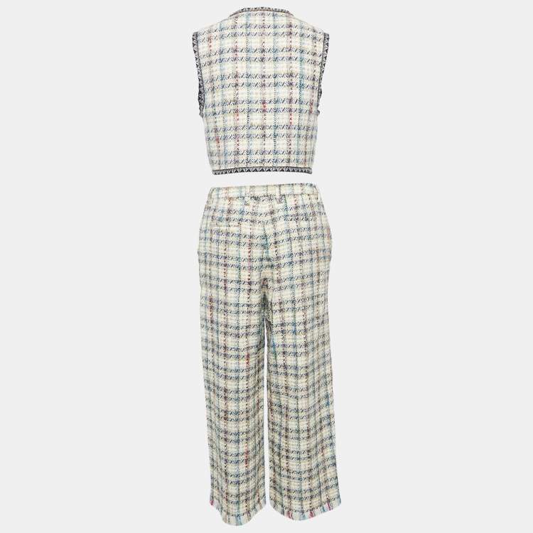 Pre Owned Etro Beige Checks Tweed Open Front Vest and Trousers Set M 