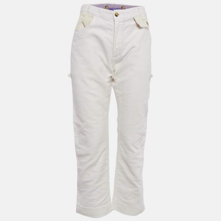 Pre Owned Etro White Denim Fur Detail Straight Pants L