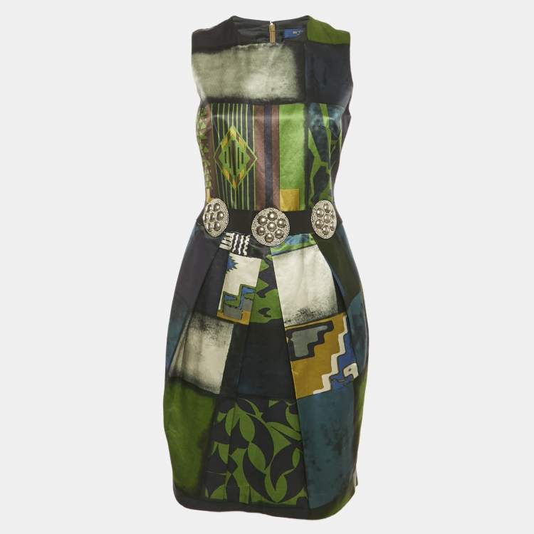 Pre Owned Etro Green Printed Cotton Blend Embellished Mini Dress M 