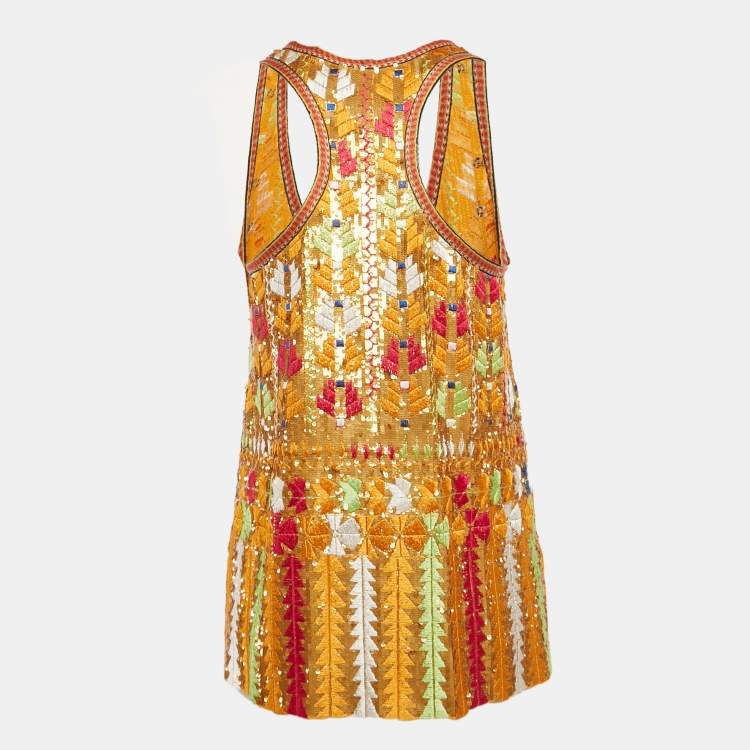 Pre Owned Etro Orange Sequin Embroidered Silk Tank Top S