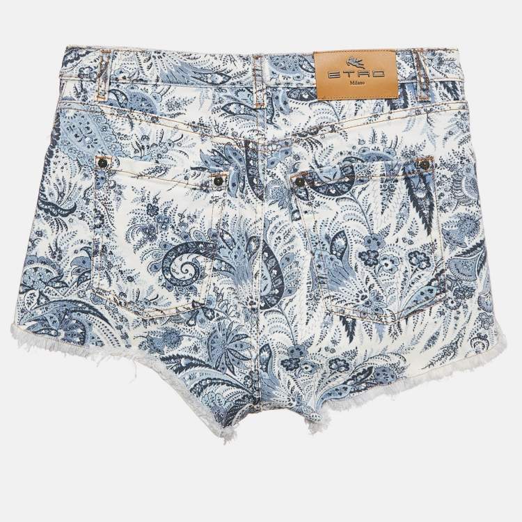 Pre Owned Etro Blue Paisley Print Denim Shorts M Waist 30"