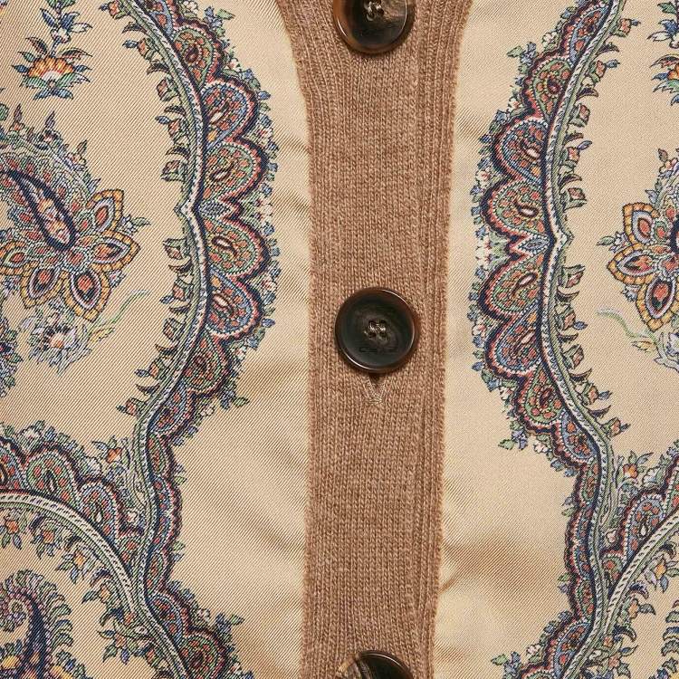 Pre Owned Etro Beige Paisley Print Silk and Wool Knit Cardigan S