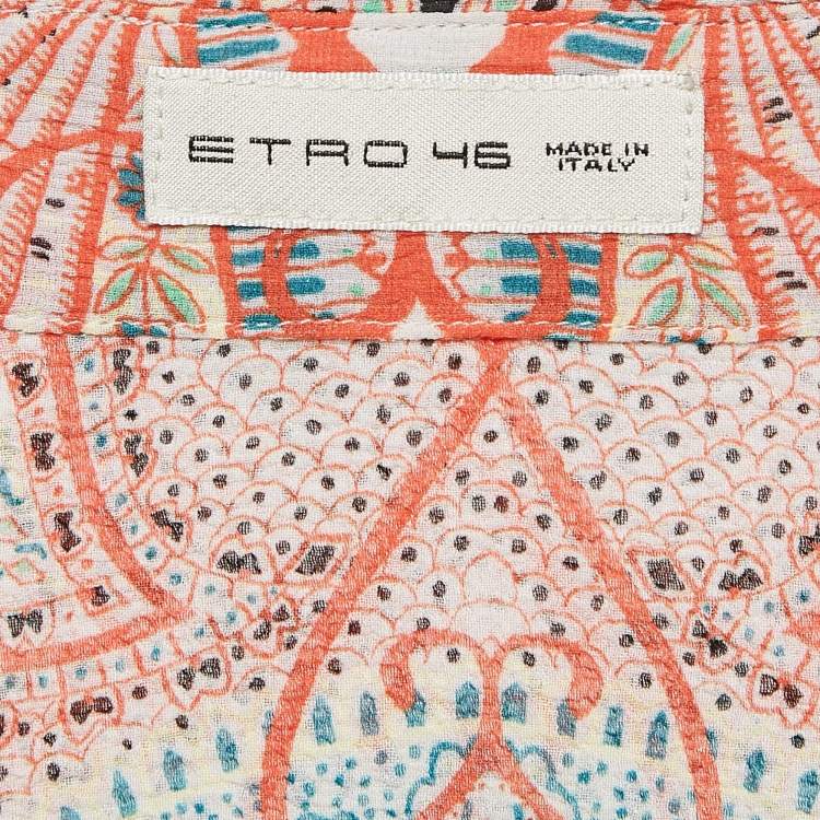 Pre Owned Etro Orange Paisley Print Crinkled Chiffon Shirt L