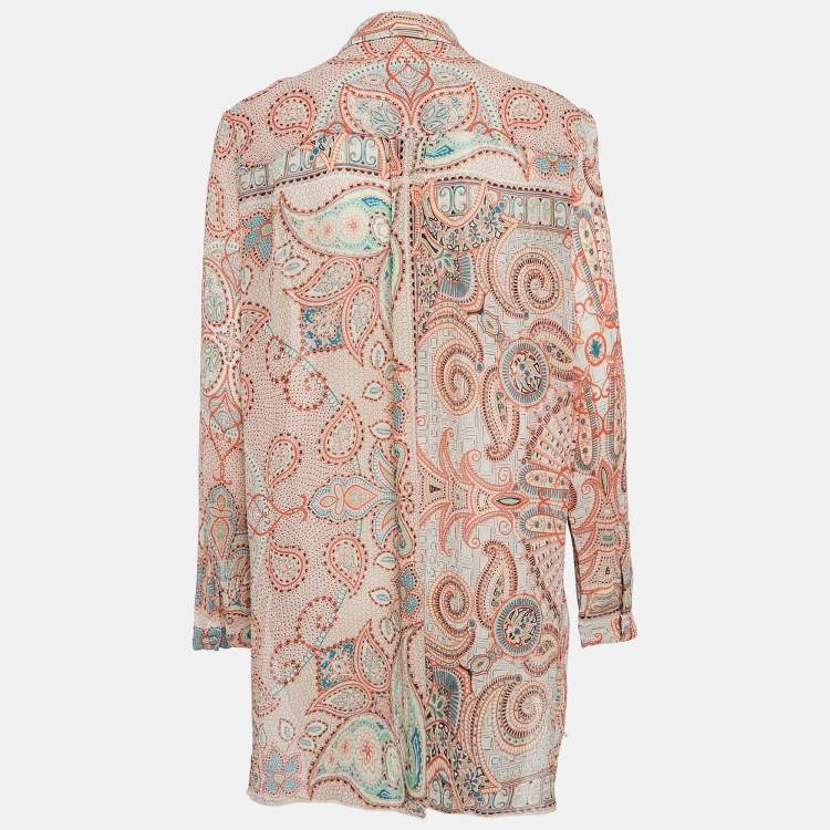 Pre Owned Etro Orange Paisley Print Crinkled Chiffon Shirt L