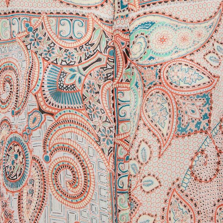 Pre Owned Etro Orange Paisley Print Crinkled Chiffon Shirt L