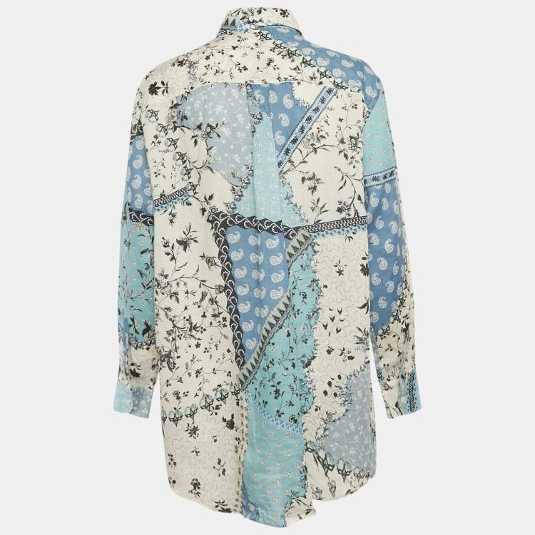 Pre Owned Etro Blue/Multicolor Printed Ramie Button Front Tunic Shirt S