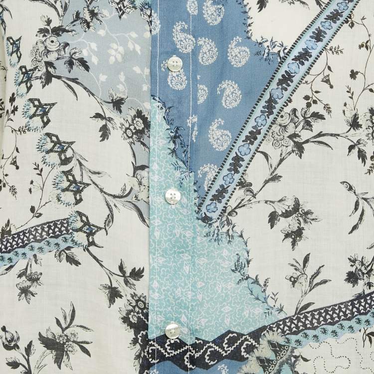 Pre Owned Etro Blue/Multicolor Printed Ramie Button Front Tunic Shirt S