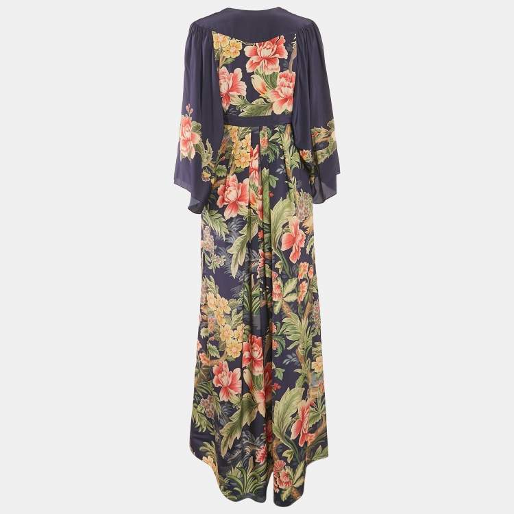 Pre Owned Etro Navy Blue Floral Print Silk Pleated Maxi Dress L
