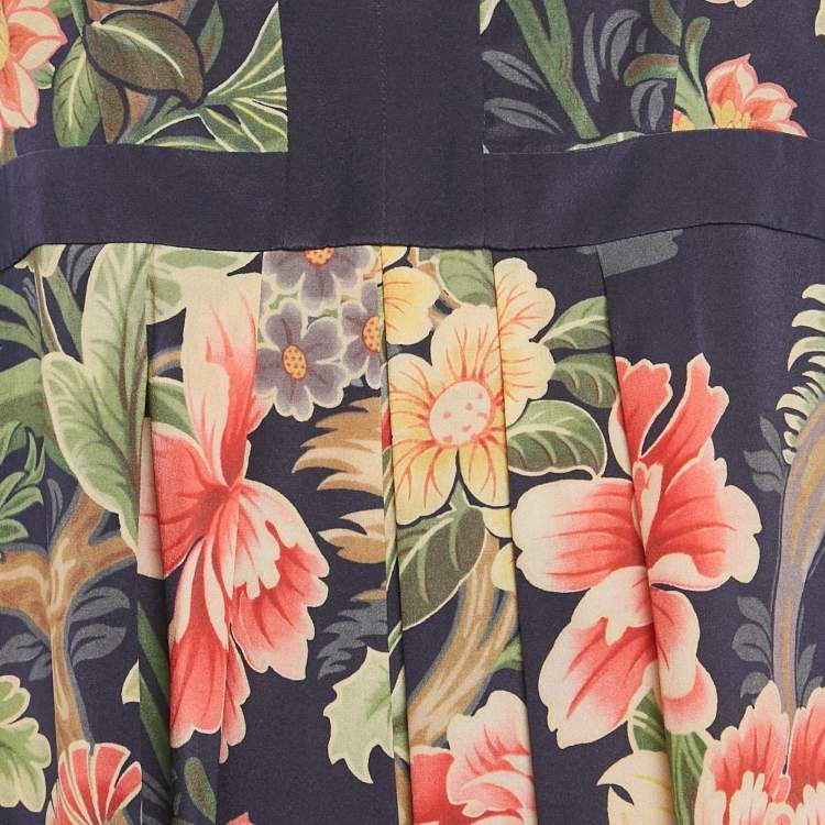 Pre Owned Etro Navy Blue Floral Print Silk Pleated Maxi Dress L