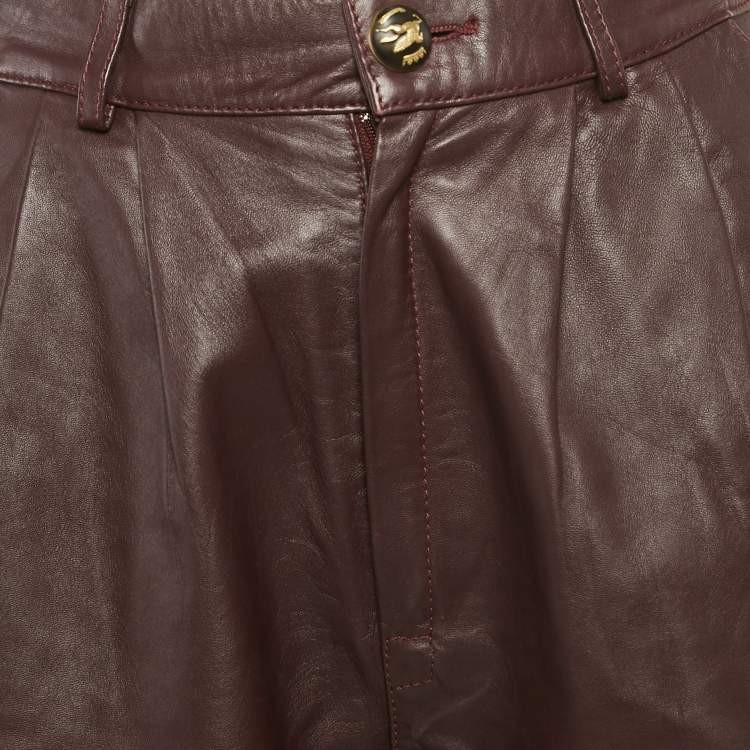 Pre Owned Etro Burgundy Leather Pleated Shorts S