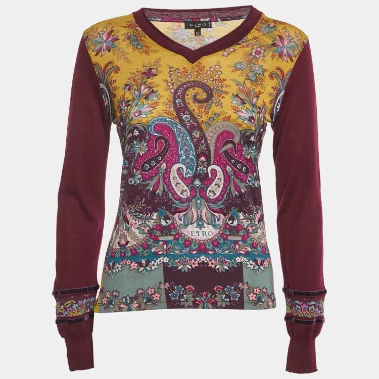Pre Owned Etro Purple/Yellow Paisley Pattern Wool Knit Sweatshirt M