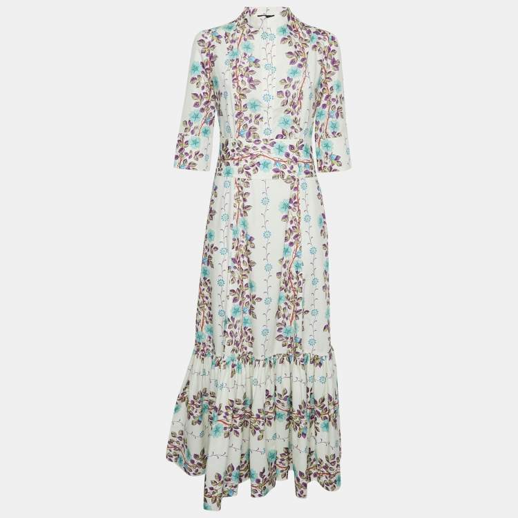Pre Owned Etro White Floral Print Cotton Gathered Maxi Dress M
