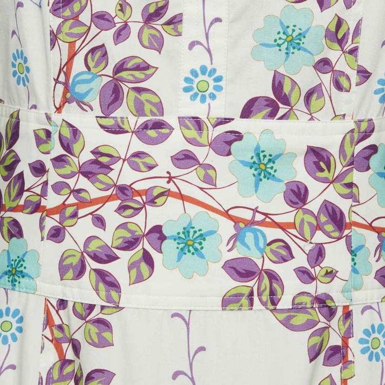Pre Owned Etro White Floral Print Cotton Gathered Maxi Dress M