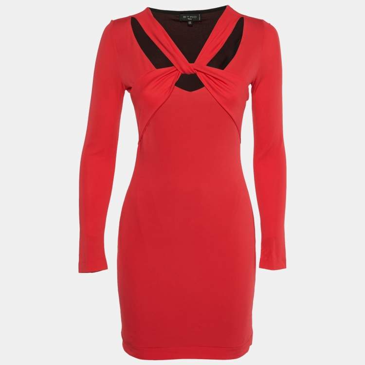 Pre Owned Etro Red Jersey Cross Neck Detail Mini Dress M