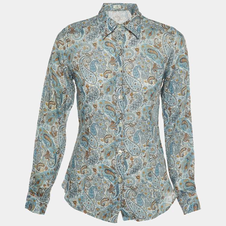 Pre Owned Etro Blue Paisley Print Ramie Button Front Shirt S 