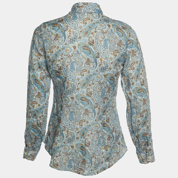 Pre Owned Etro Blue Paisley Print Ramie Button Front Shirt S 