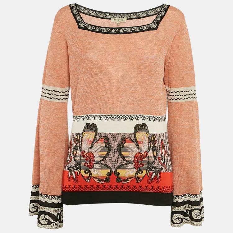 Pre Owned Etro Orange/Multicolor Patterned Knit Wide Sleeve Sweater M