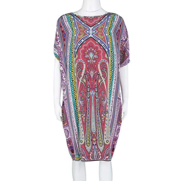 Pre Owned Etro Multicolor Printed Silk Slit Sleeve Detail Shift Dress L