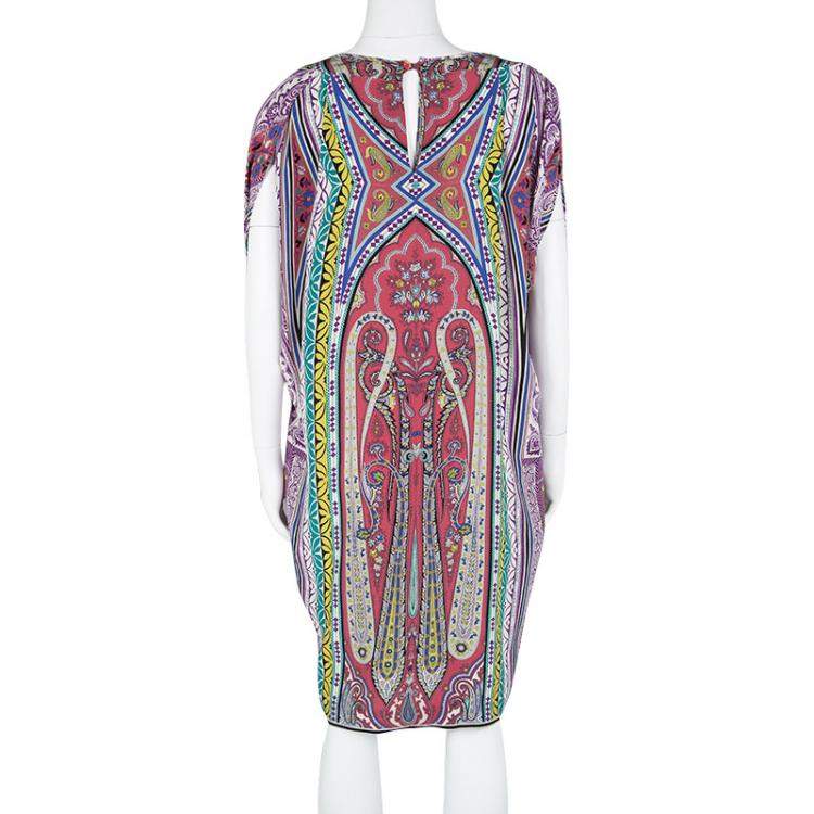 Pre Owned Etro Multicolor Printed Silk Slit Sleeve Detail Shift Dress L