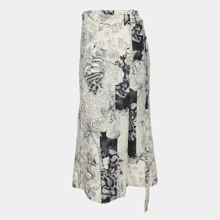 Pre Owned Etro White/Grey Painterly Cotton Wrap Maxi Skirt L