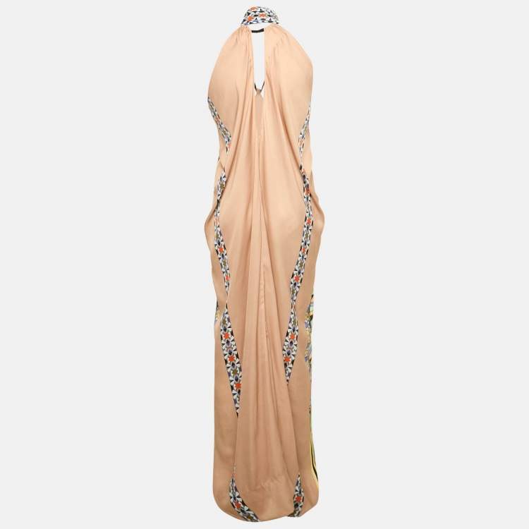 Pre Owned Etro Multicolor Printed Halter Neck Satin Tie-Up Detail Maxi Dress L