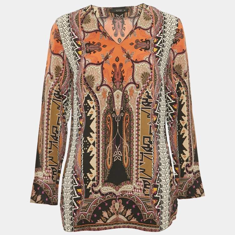 Pre Owned Etro Brown Paisley Print Silk V-Neck Blouse L