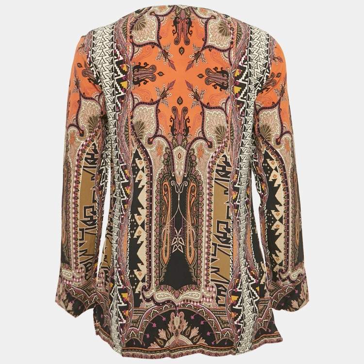 Pre Owned Etro Brown Paisley Print Silk V-Neck Blouse L
