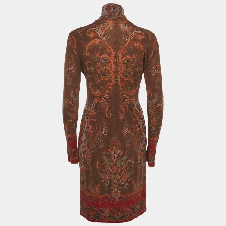 مملوكة مسبقًا Etro Brown Paisley Print Wool Blend Knit Midi Dress M