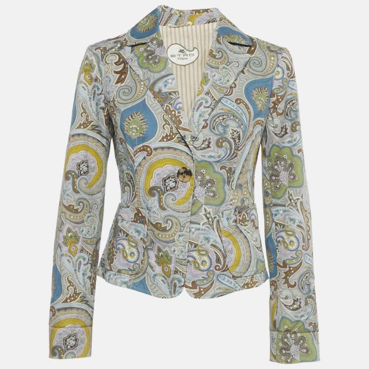 Pre Owned Etro Grey Paisley Print Cotton Single Breasted Blazer M  