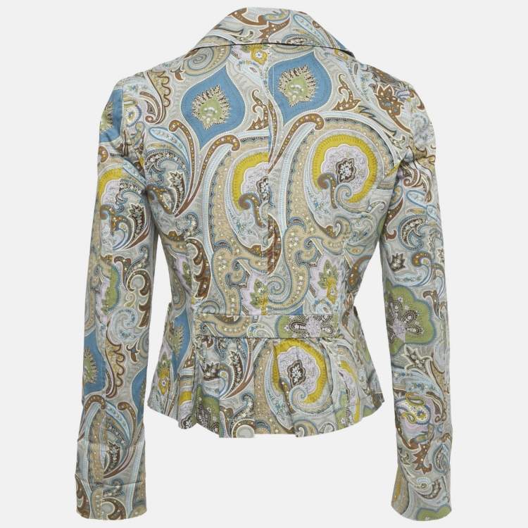 Pre Owned Etro Grey Paisley Print Cotton Single Breasted Blazer M  