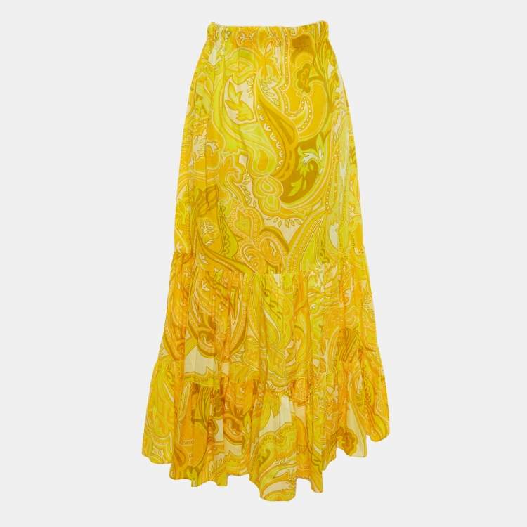 Pre Owned Etro Yellow Paisley Print Cotton Maxi Skirt M 