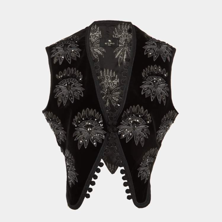 Pre Owned Etro Black Embroidered & Beaded Velvet Vest Jacket L  