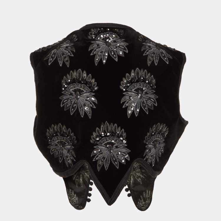 Pre Owned Etro Black Embroidered & Beaded Velvet Vest Jacket L  