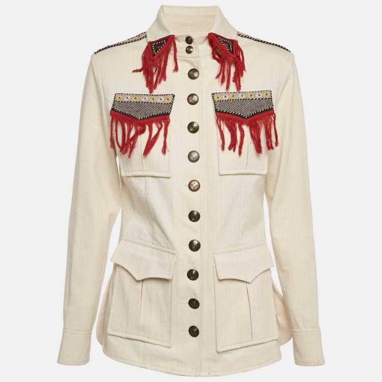 Pre Owned Etro Off-White Herringbone Cotton Patchwork Detail Button Front Jacket S