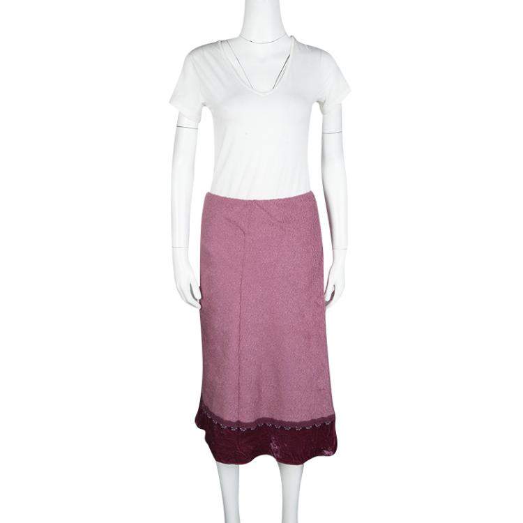 Pre Owned Etro Pink Wool Blend Velvet Trim Bead Detail Midi Skirt S