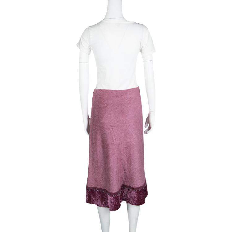 Pre Owned Etro Pink Wool Blend Velvet Trim Bead Detail Midi Skirt S
