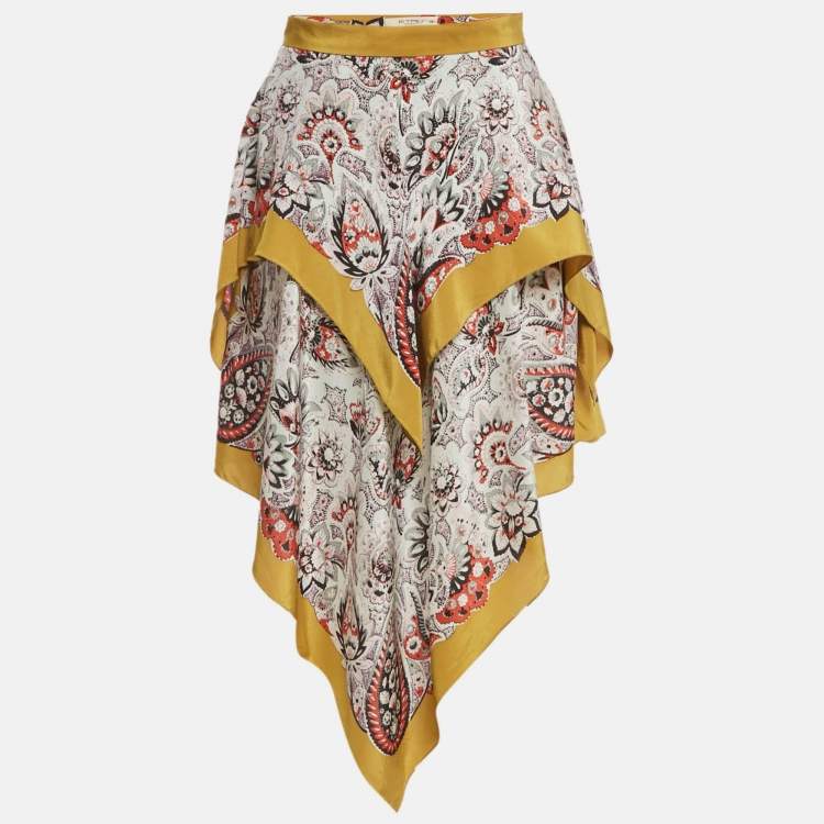 Pre Owned Etro Multicolor Paisley Print Silk Handkerchief Hem Tiered Skirt M  