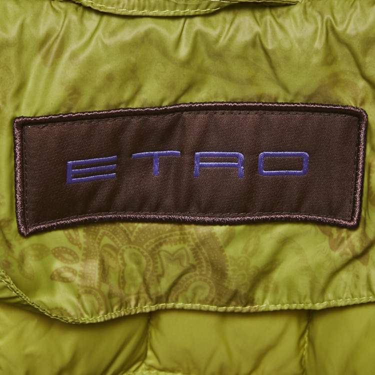 Pre Owned Etro Green Printed Nylon Sleeveless Quilted Down Jacket L