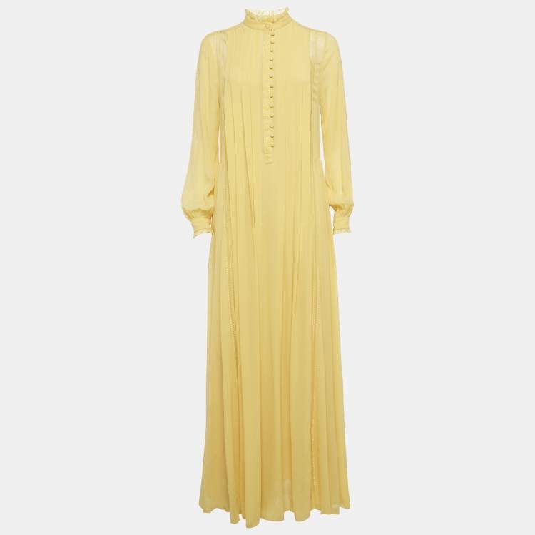 Pre Owned Etro Yellow Silk Georgette Lace Detail Pleated Maxi Dress XS  