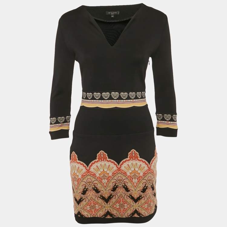 Pre Owned Etro Black Printed Jersey Mini Dress M