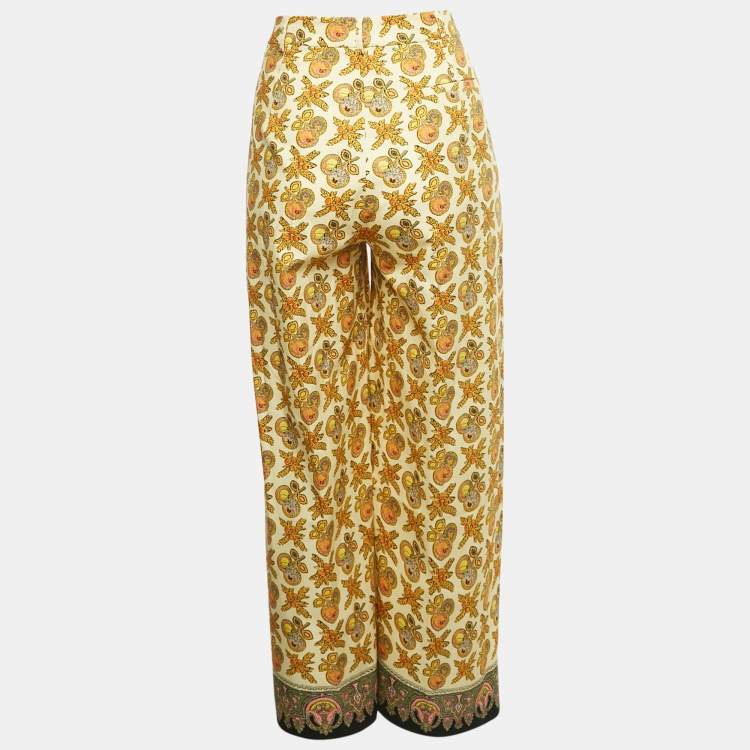 Pre Owned Etro Yellow Printed Cotton Wide Leg Trousers M