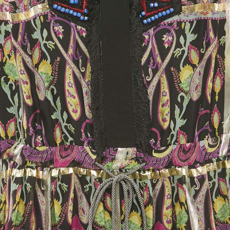 مملوكة مسبقًا Etro Black Embellished Paisley Print Silk Maxi Dress L