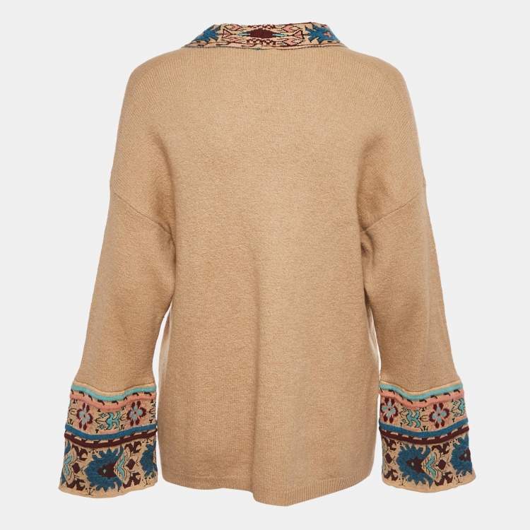 Pre Owned Etro Beige Intarsia Wool Blend Cardigan L