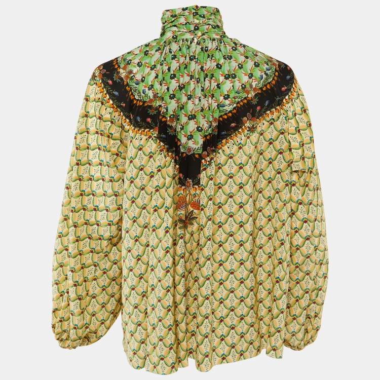 Pre Owned Etro Green/Beige Floral Print Silk Flared Blouse S 