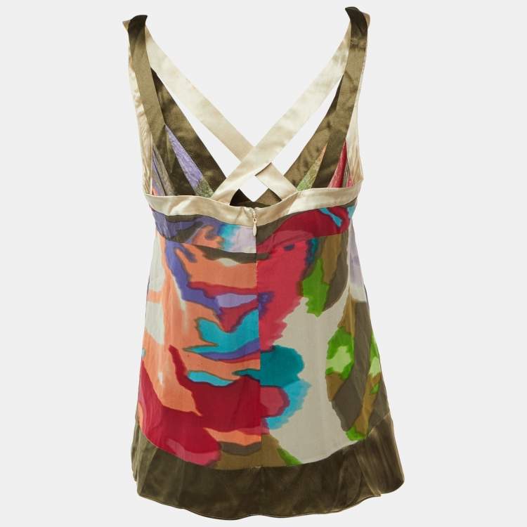 Pre Owned Etro Multicolor Printed Silk Plunge Neck Top M