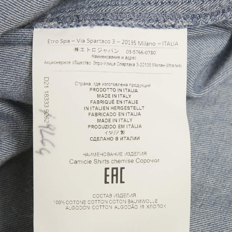 Pre Owned Etro Beach Dubai Blue Logo Print Denim Oversized Shirt S